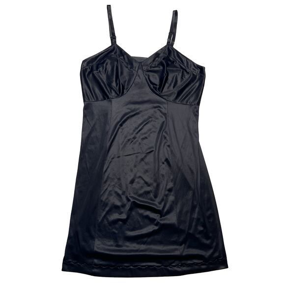 Sears Vintage 80s Non Cling Satin Slip Dress Black Midi Women's 10 Goth Retro - Picture 1 of 5
